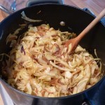 add the sliced cabbage and cook on a low heat with a lid on for 40-50 minutes